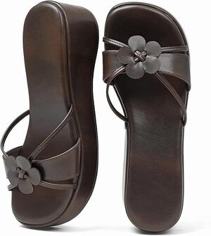 Cute womens strappy brown platform wedge slip on summer flower sandals Size 6